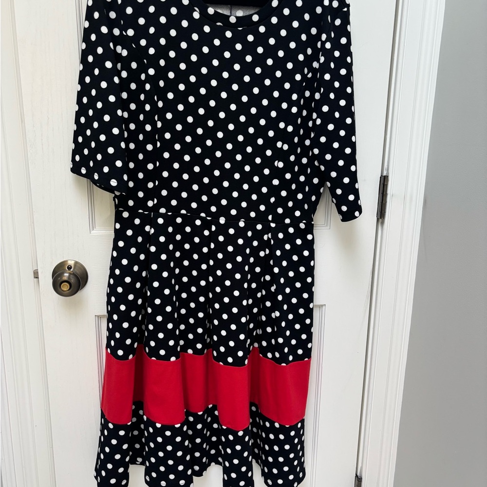 Fit and Flare Polka Dot Dress with Red Accents